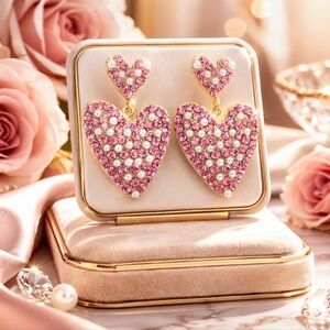 Sparkling Pink Rhinestones & White Pearls Heart Shaped Drop Earrings